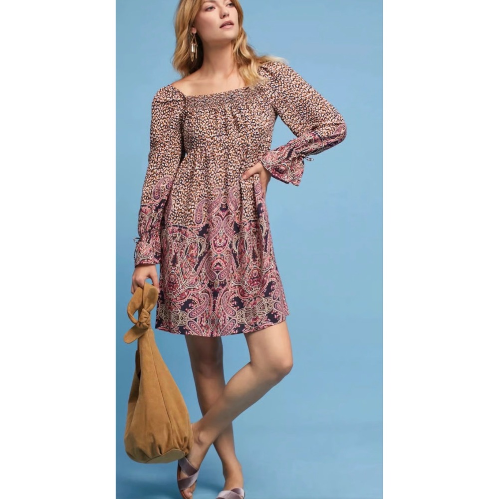 Anthropologie Pink and Brown Mini Dress